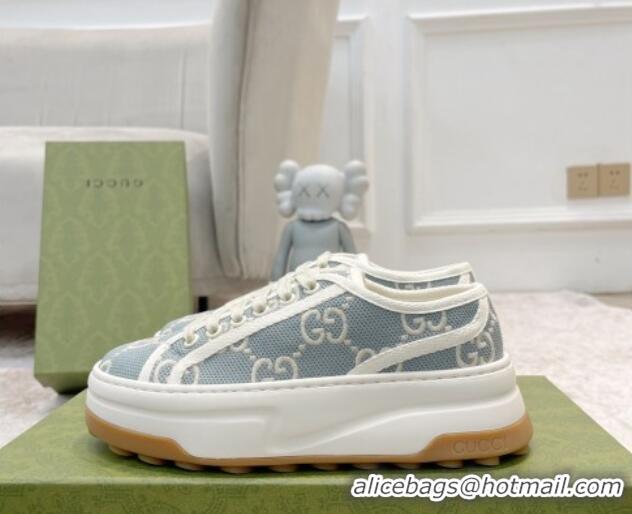 Perfect Gucci GG Embroidered Low-top Platform Sneakers 5cm Light Blue 406034