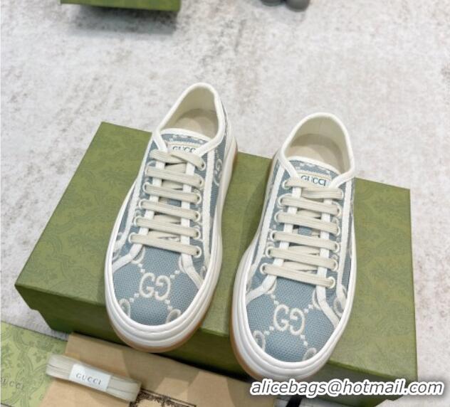 Perfect Gucci GG Embroidered Low-top Platform Sneakers 5cm Light Blue 406034