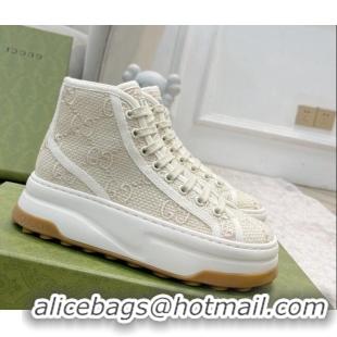 Best Grade Gucci GG Embroidered High-top Platform Sneakers 5cm Light Beige 406037