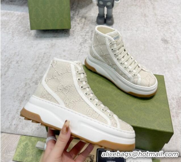 Best Grade Gucci GG Embroidered High-top Platform Sneakers 5cm Light Beige 406037