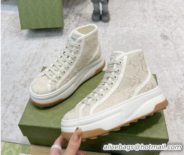 Best Grade Gucci GG Embroidered High-top Platform Sneakers 5cm Light Beige 406037