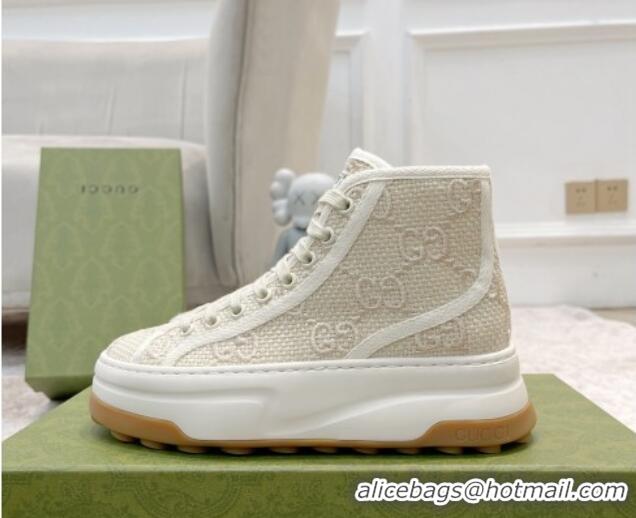 Best Grade Gucci GG Embroidered High-top Platform Sneakers 5cm Light Beige 406037