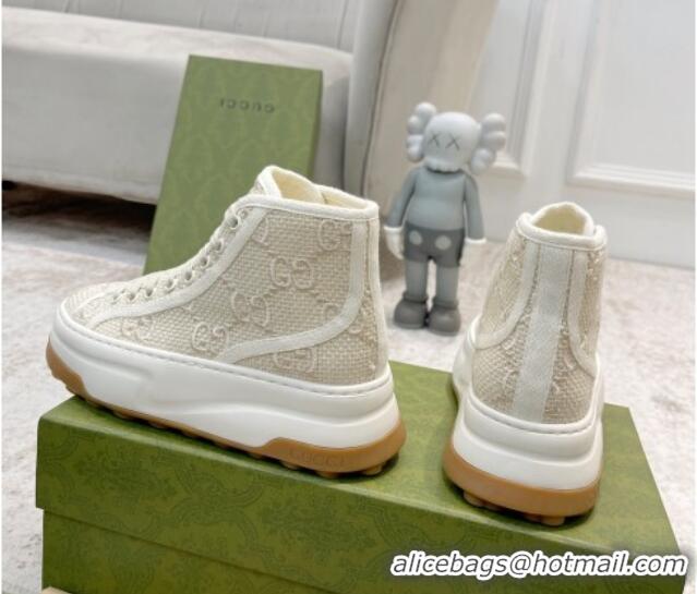 Best Grade Gucci GG Embroidered High-top Platform Sneakers 5cm Light Beige 406037