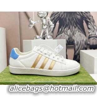 Discount Gucci x Adidas Gazelle Silky Calfskin Sneakers White/Gold/Blue 406042