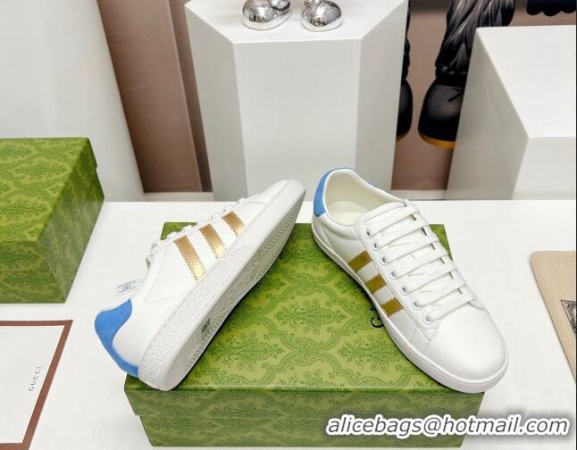 Discount Gucci x Adidas Gazelle Silky Calfskin Sneakers White/Gold/Blue 406042