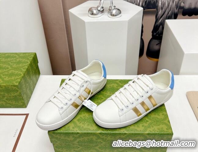 Discount Gucci x Adidas Gazelle Silky Calfskin Sneakers White/Gold/Blue 406042