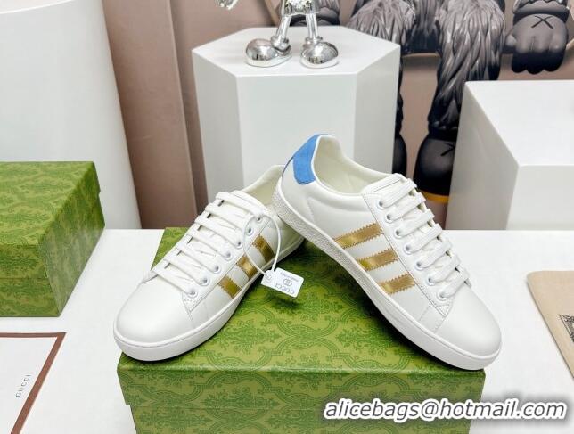 Discount Gucci x Adidas Gazelle Silky Calfskin Sneakers White/Gold/Blue 406042