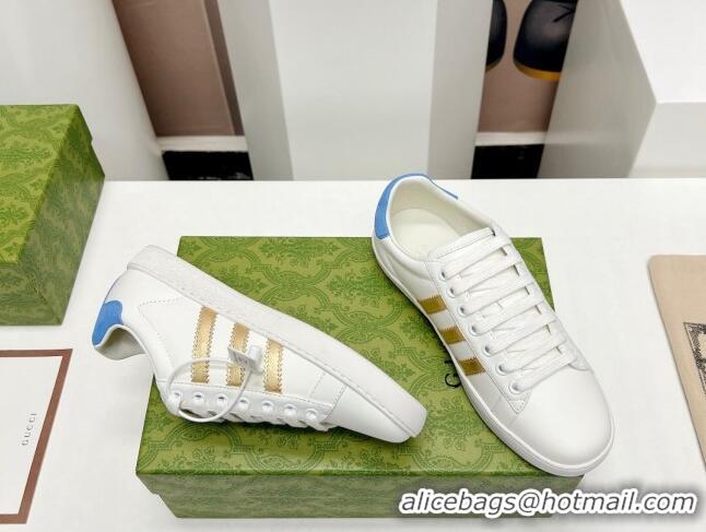 Discount Gucci x Adidas Gazelle Silky Calfskin Sneakers White/Gold/Blue 406042