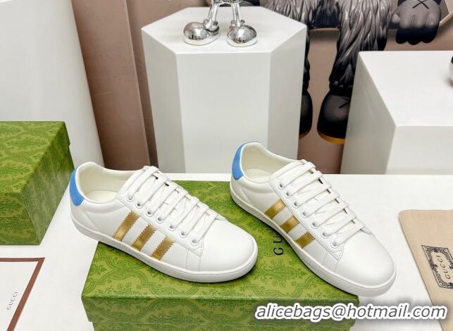 Discount Gucci x Adidas Gazelle Silky Calfskin Sneakers White/Gold/Blue 406042