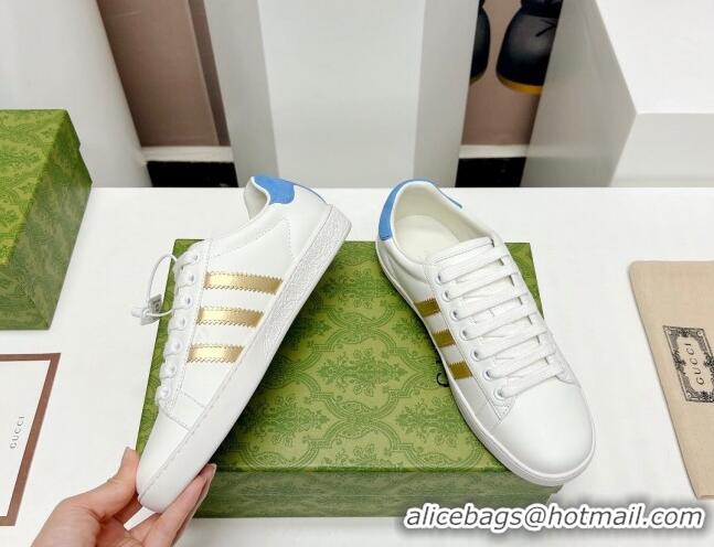 Discount Gucci x Adidas Gazelle Silky Calfskin Sneakers White/Gold/Blue 406042