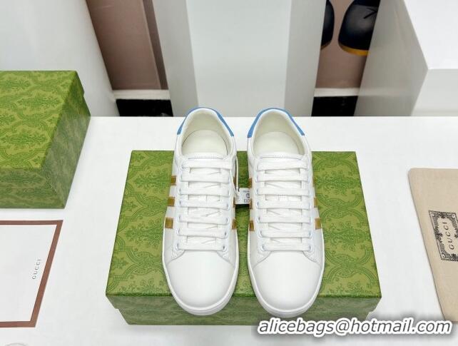 Discount Gucci x Adidas Gazelle Silky Calfskin Sneakers White/Gold/Blue 406042