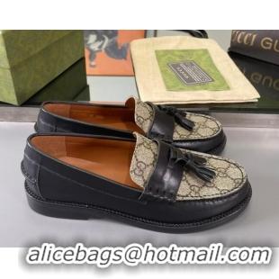 Good Taste Gucci GG Canvas and Calf Leather Loafers with Tassel Black 406044