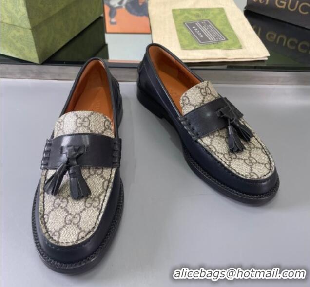 Good Taste Gucci GG Canvas and Calf Leather Loafers with Tassel Black 406044