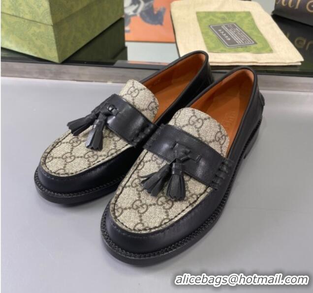 Good Taste Gucci GG Canvas and Calf Leather Loafers with Tassel Black 406044