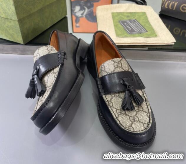 Good Taste Gucci GG Canvas and Calf Leather Loafers with Tassel Black 406044