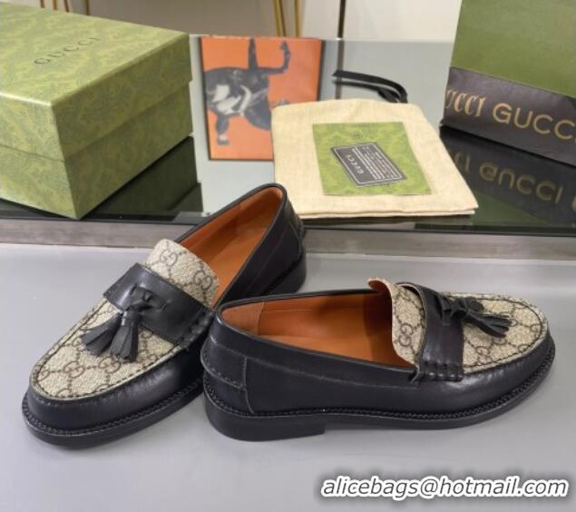 Good Taste Gucci GG Canvas and Calf Leather Loafers with Tassel Black 406044