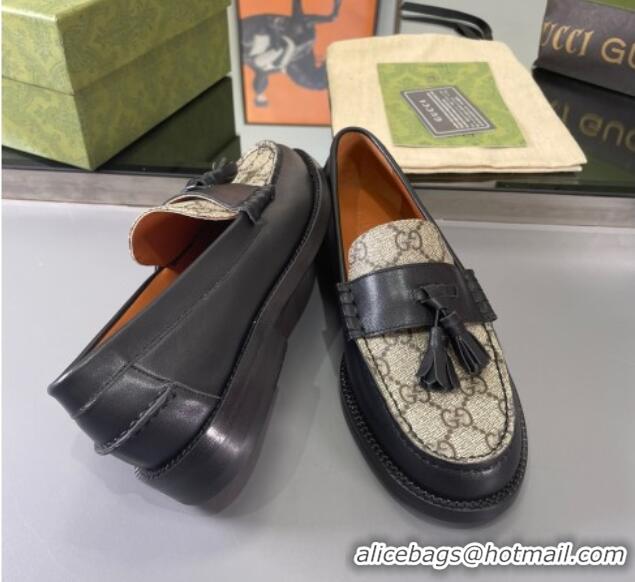 Good Taste Gucci GG Canvas and Calf Leather Loafers with Tassel Black 406044