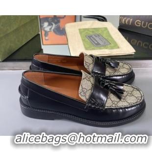 Purchase Gucci GG Canvas and Shiny Leather Loafers with Tassel Black 406045