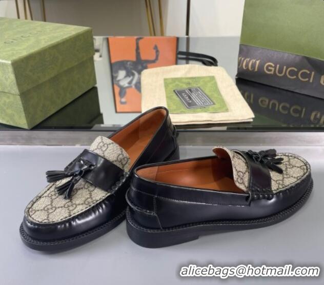 Purchase Gucci GG Canvas and Shiny Leather Loafers with Tassel Black 406045