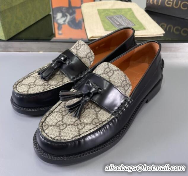 Purchase Gucci GG Canvas and Shiny Leather Loafers with Tassel Black 406045