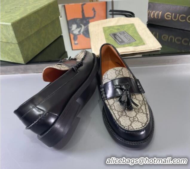 Purchase Gucci GG Canvas and Shiny Leather Loafers with Tassel Black 406045