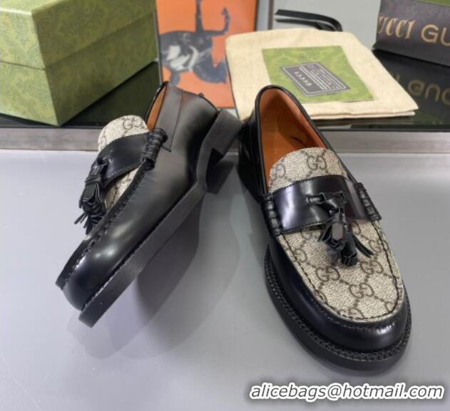 Purchase Gucci GG Canvas and Shiny Leather Loafers with Tassel Black 406045