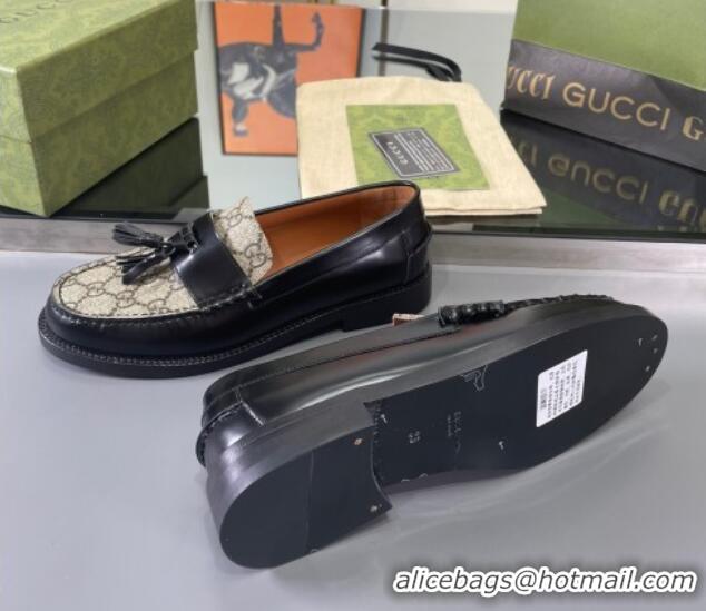 Purchase Gucci GG Canvas and Shiny Leather Loafers with Tassel Black 406045