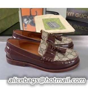 Super Quality Gucci GG Canvas and Shiny Leather Loafers with Tassel Brown 406046