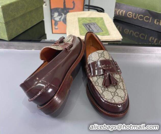 Super Quality Gucci GG Canvas and Shiny Leather Loafers with Tassel Brown 406046