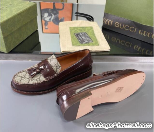 Super Quality Gucci GG Canvas and Shiny Leather Loafers with Tassel Brown 406046