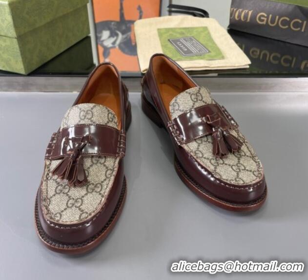 Super Quality Gucci GG Canvas and Shiny Leather Loafers with Tassel Brown 406046