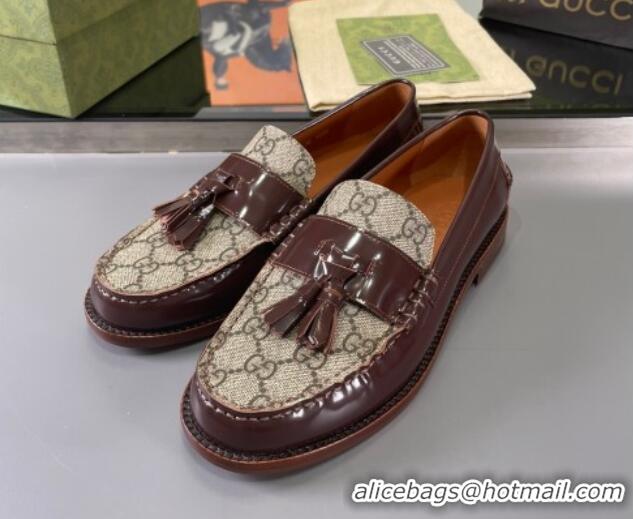 Super Quality Gucci GG Canvas and Shiny Leather Loafers with Tassel Brown 406046