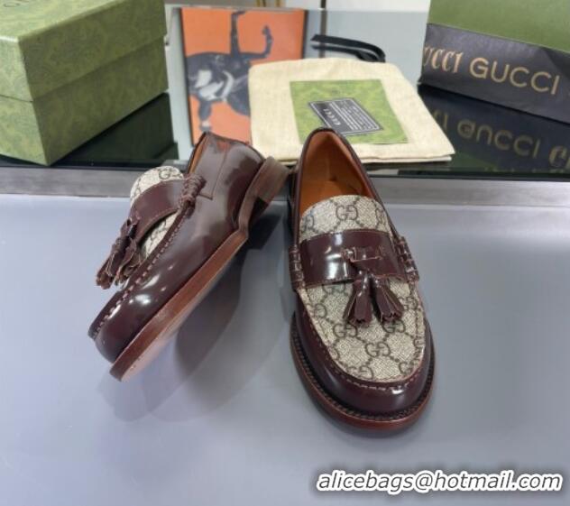 Super Quality Gucci GG Canvas and Shiny Leather Loafers with Tassel Brown 406046