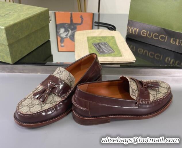 Super Quality Gucci GG Canvas and Shiny Leather Loafers with Tassel Brown 406046