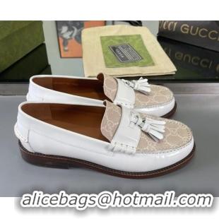 Durable Gucci GG Canvas and Shiny Leather Loafers with Tassel White 406047