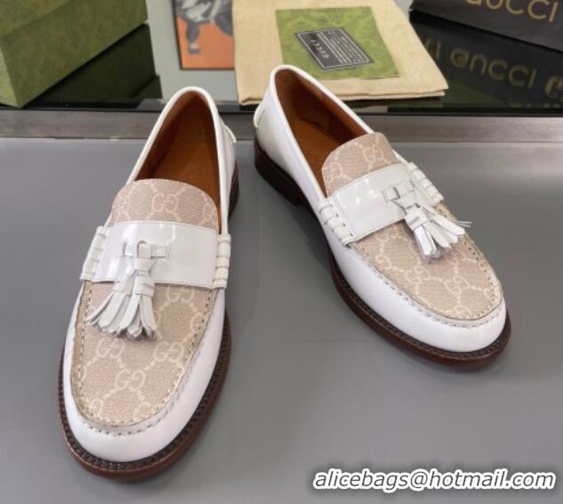 Durable Gucci GG Canvas and Shiny Leather Loafers with Tassel White 406047