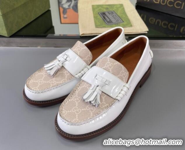 Durable Gucci GG Canvas and Shiny Leather Loafers with Tassel White 406047