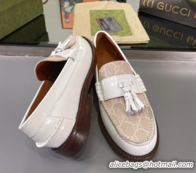 Durable Gucci GG Canvas and Shiny Leather Loafers with Tassel White 406047