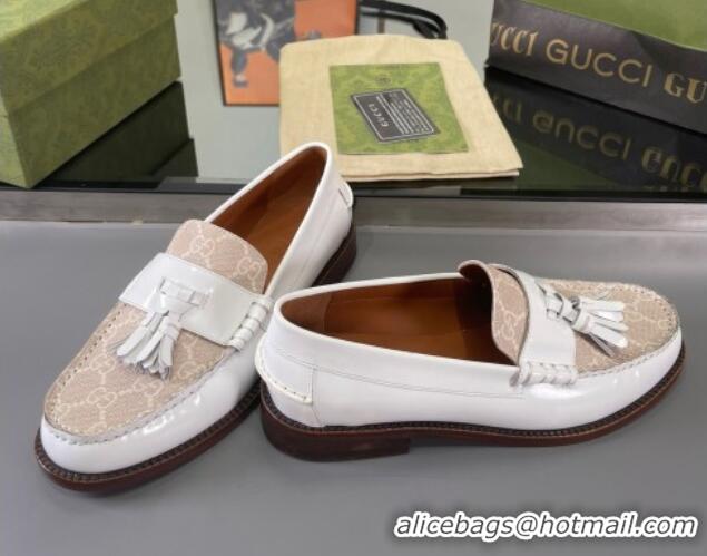 Durable Gucci GG Canvas and Shiny Leather Loafers with Tassel White 406047