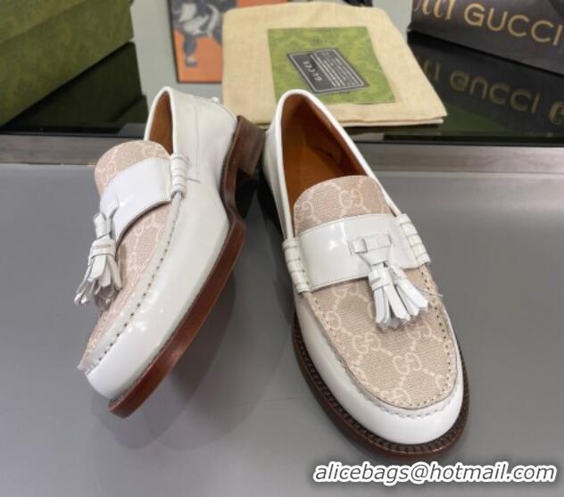 Durable Gucci GG Canvas and Shiny Leather Loafers with Tassel White 406047