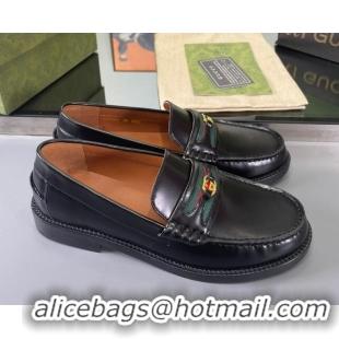 Unique Style Gucci Shiny Leather Loafers with with Interlocking G and Web Black 406048