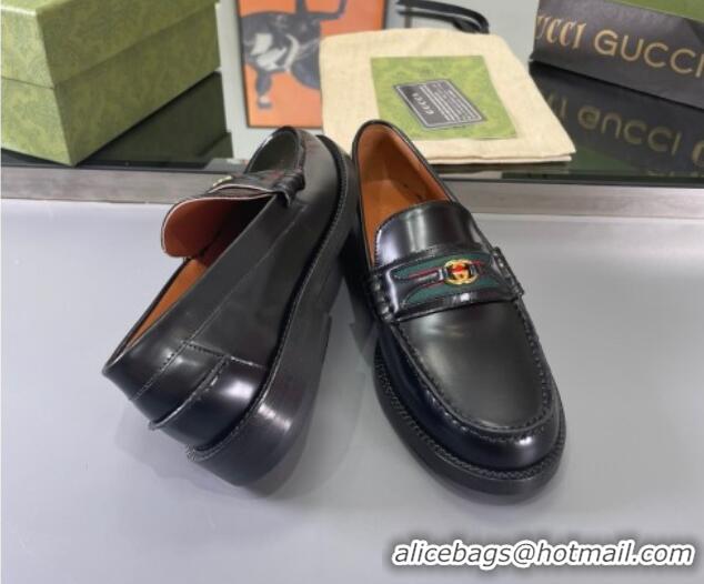 Unique Style Gucci Shiny Leather Loafers with with Interlocking G and Web Black 406048