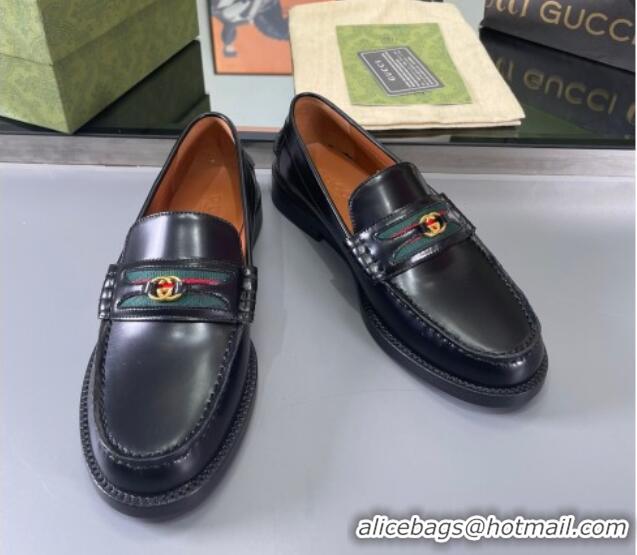 Unique Style Gucci Shiny Leather Loafers with with Interlocking G and Web Black 406048