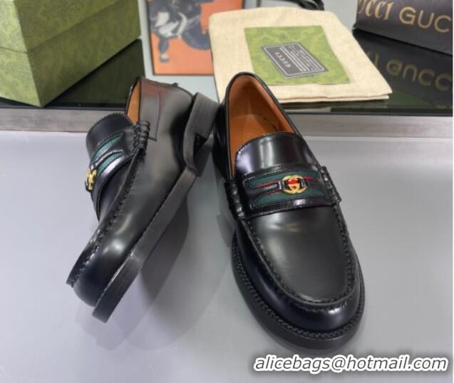 Unique Style Gucci Shiny Leather Loafers with with Interlocking G and Web Black 406048