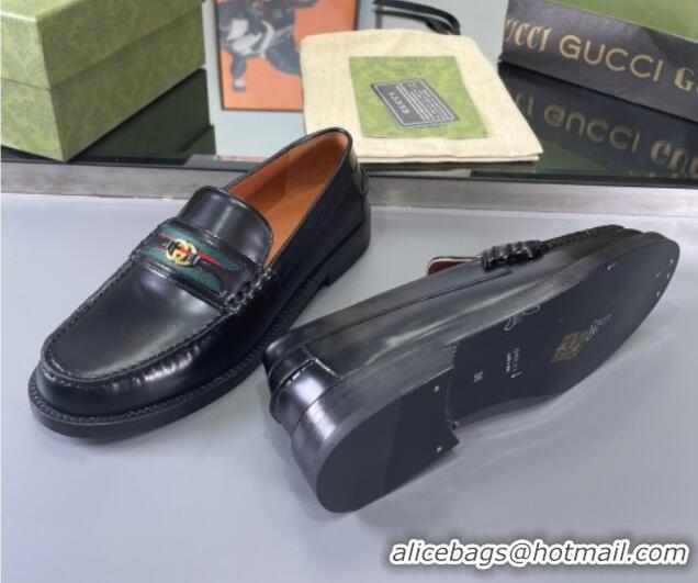 Unique Style Gucci Shiny Leather Loafers with with Interlocking G and Web Black 406048