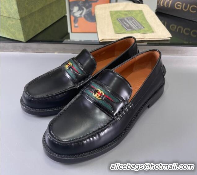 Unique Style Gucci Shiny Leather Loafers with with Interlocking G and Web Black 406048