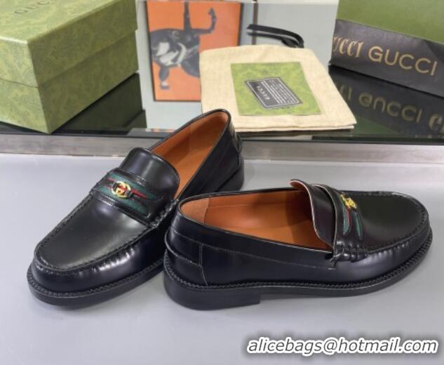 Unique Style Gucci Shiny Leather Loafers with with Interlocking G and Web Black 406048