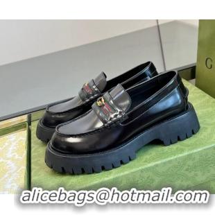 Top Quality Gucci Shiny Leather Loafers with Interlocking G and Web Black 406049