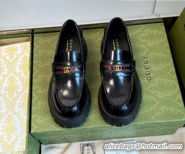 Top Quality Gucci Shiny Leather Loafers with Interlocking G and Web Black 406049