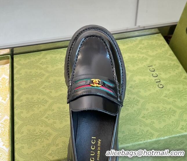 Top Quality Gucci Shiny Leather Loafers with Interlocking G and Web Black 406049